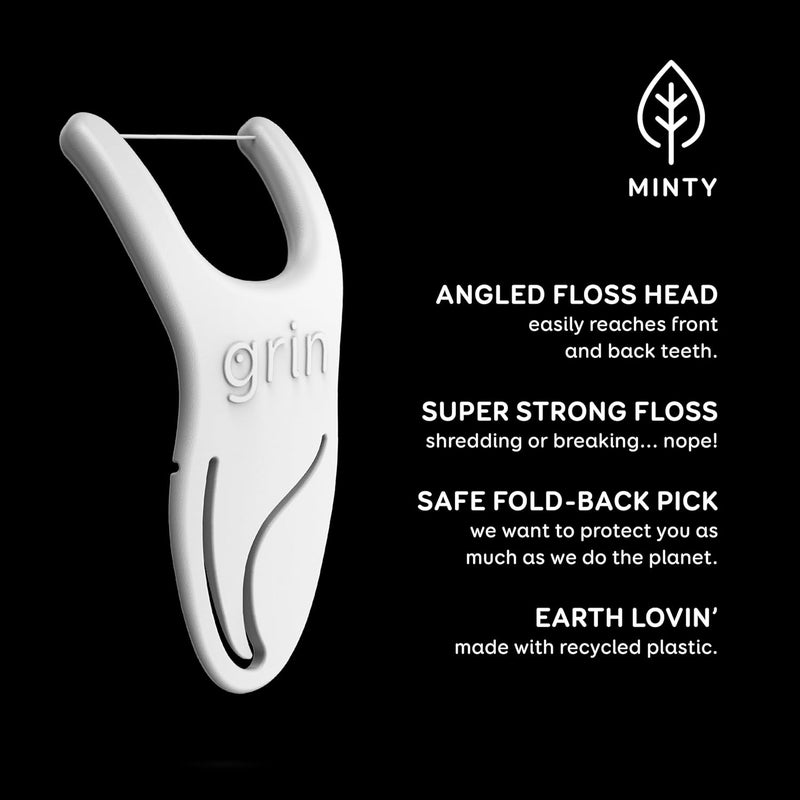 GRIN Molar Flosspyx, Floss Picks, 75 Count, Dental Flossers, Minty Flavor, Recycled Plastic, Great for Reaching Back Teeth, Slide Easily Between Teeth, Includes Safe Soft Fold-Back Tooth Pick - Image 3